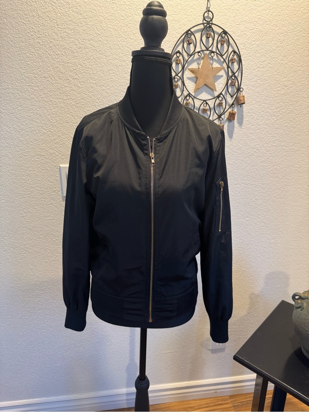 Classic Black Women's Bomber Jacket with Zip Sleeve Pocket